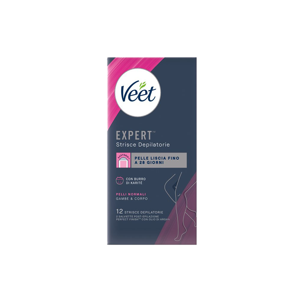 Veet Expert Strisce Corpo Pelli Normali 12 Strisce + Salviette Post-Epilazione con Olio D'Argan, , large
