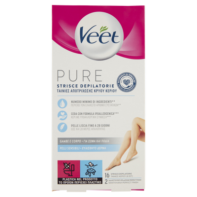 Veet Pure Strisce Depilatorie Gambe e Corpo 16 Pezzi + Salviette Post-Epilazione Idratanti