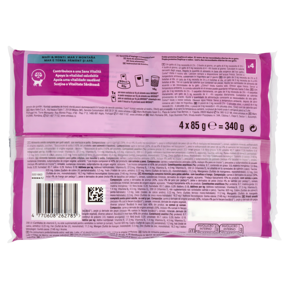 Whiskas Duo Mari & Monti in Gelatina, con Merluzzo & Pollo, con Salmone & Tacchino 4 x 85 g, , large