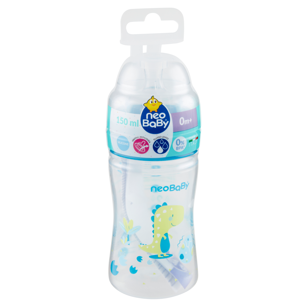 Neo Baby Biberon Plastica Collo Largo 150 ml 0m+ Dino Blu, , large