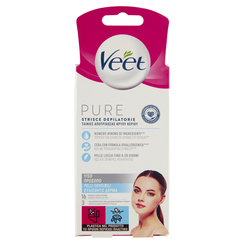 Veet Pure Strisce Depilatorie Viso 16 Pezzi + Salviette Post-Epilazione Idratanti, , large