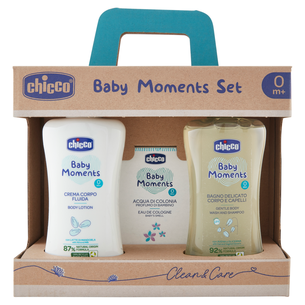 Chicco Baby Moments Set Crema Corpo 200 ml + Acqua di Colonia 100 ml + Bagno Delicato Corpo & Capelli 200 ml, , large