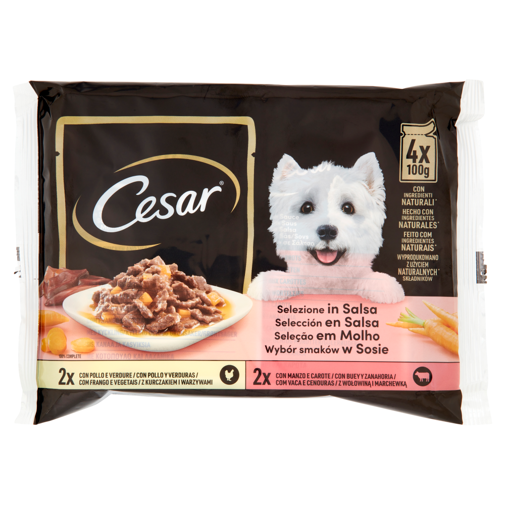 Cesar Dog Delizie del Giorno Multipack Pollo e Verdure e Manzo e Carote in Salsa 4x100 gr, , large