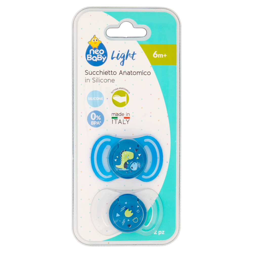 Neo Baby Light Succhietto Anatomico in Silicone 6m+ Dino Blu 2 Pezzi, , large