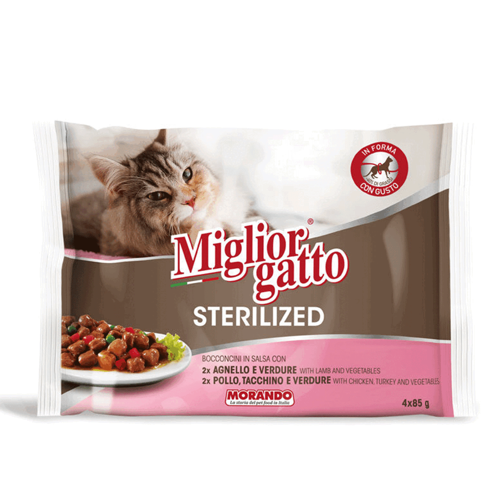 Migliorgatto Sterilized Bocconcini in Salsa con Agnello e Verdure, Pollo, Tacchino e Verdure 4 Buste 85 g, , large