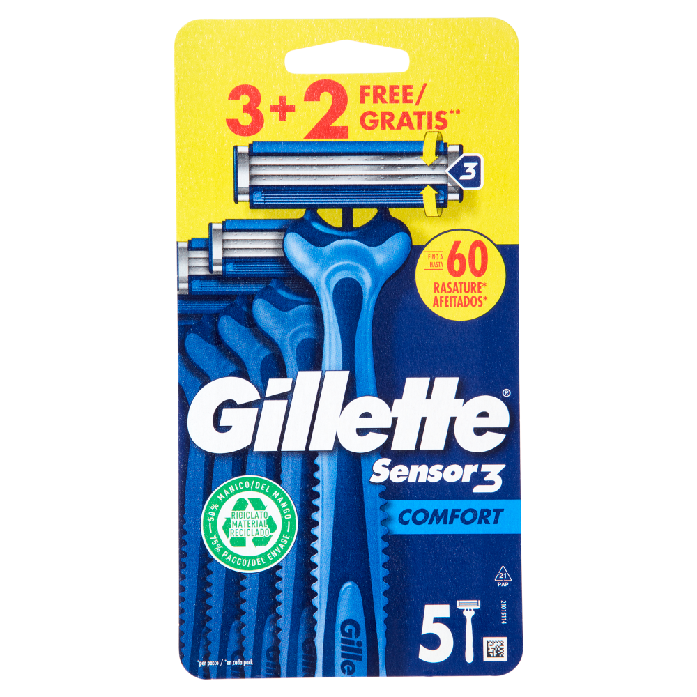 Gillette Sensor 3 Comfort Rasoio da Uomo Usa e Getta 3 Rasoi + 2 Gratis, , large
