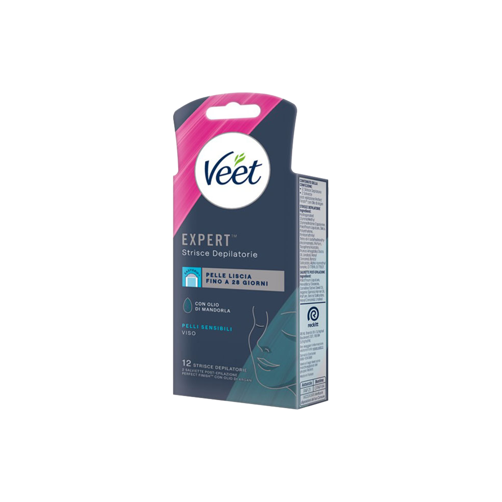 Veet Expert Strisce Viso Pelle Sensibile 12 Strisce + Salviette Post-Epilazione con Olio D'Argan, , large