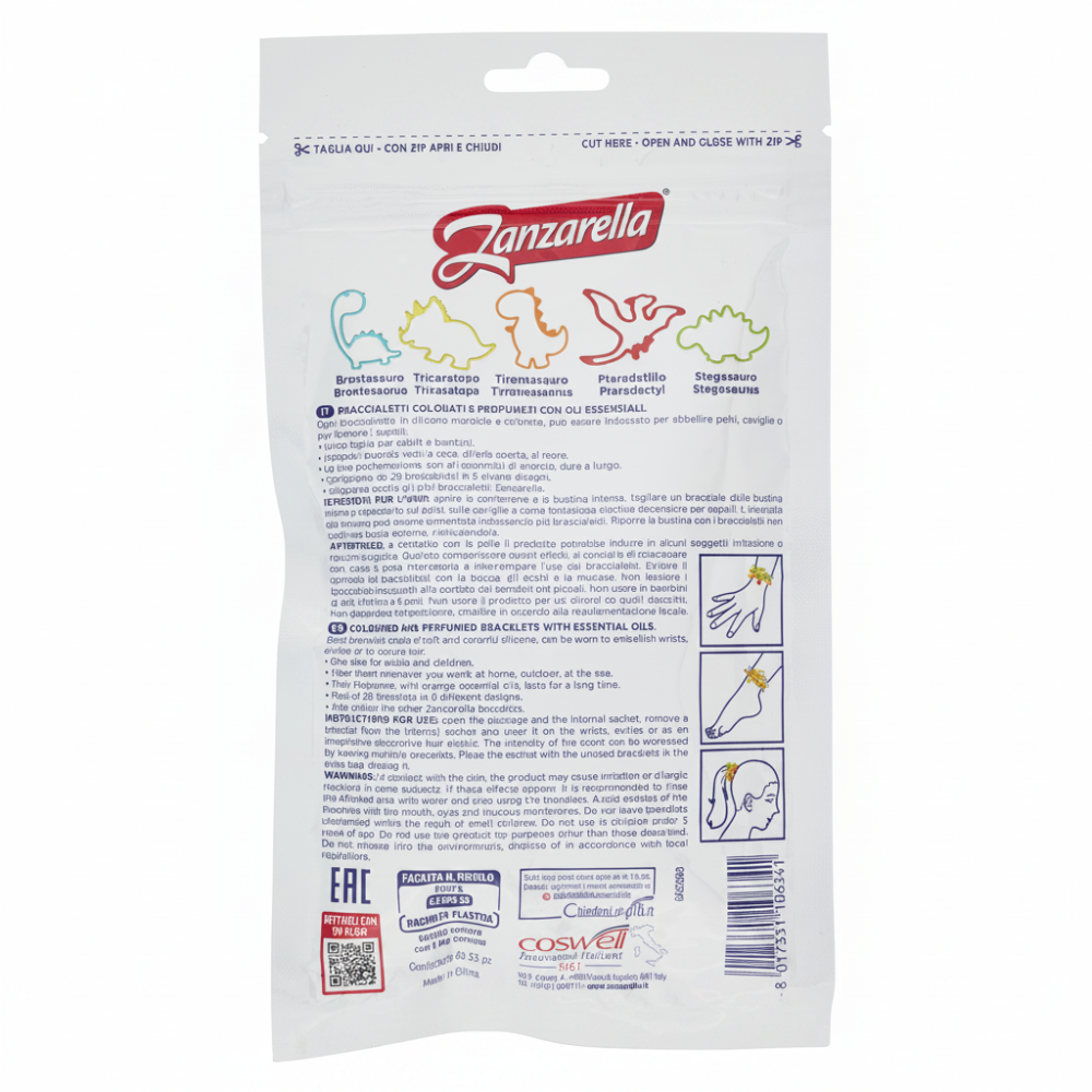 Zanzarella Braccialetti Colorati e Profumati con Oli Essenziali Dinomania 25 pz, , large