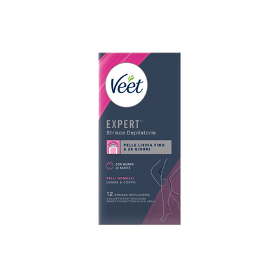 Veet Expert Strisce Corpo Pelli Normali 12 Strisce + Salviette Post-Epilazione con Olio D'Argan